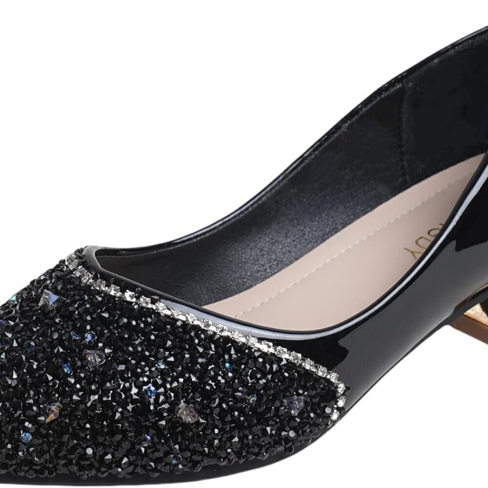 Women's Rhinestone Sequin Chunky Low Block Heels Pumps Dress Evening Shoes